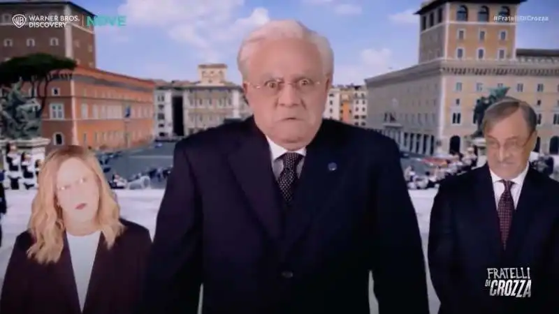 maurizio crozza imita  sergio mattarella tra meloni e la russa. 