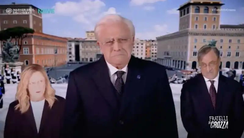 maurizio crozza imita  sergio mattarella tra meloni e la russa