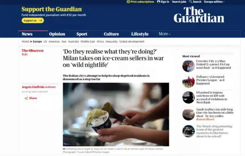 ordinanza contro la movida a milano sul guardian