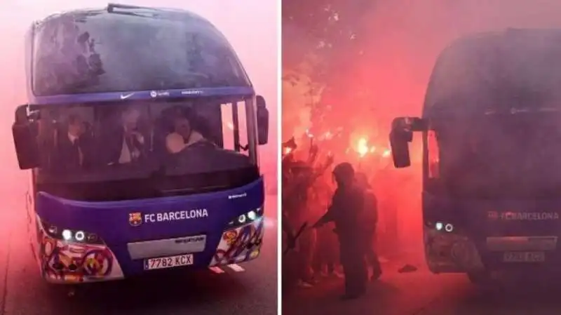 tifosi del barcellona lanciano oggetti contro il bus della squadra 