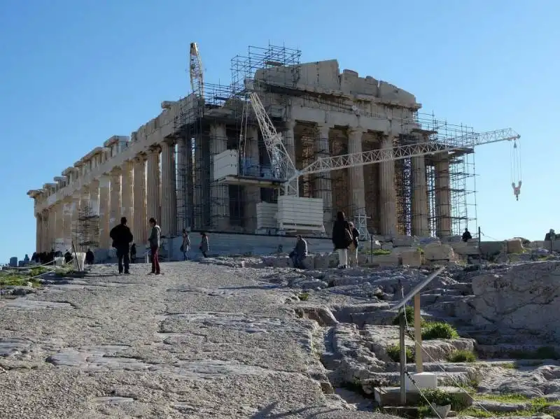 parthenon with scaffolding athens greece