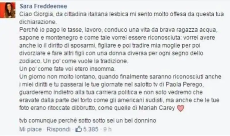 sara freddeenee risponde a giorgia meloni