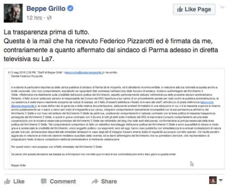 beppe grillo pubblica la mail a pizzarotti