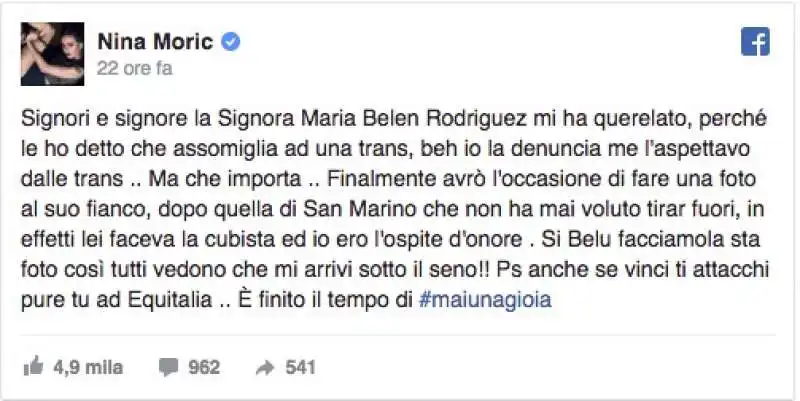 IL POST DI NINA MORIC CONTRO BELEN