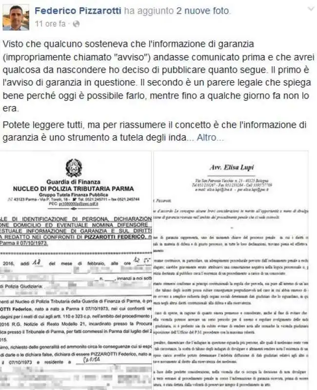 PIZZAROTTI PUBBLICA AVVISO DI GARANZIA