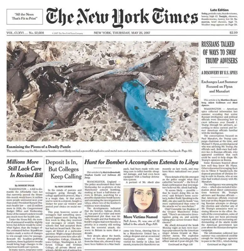 il new york times pubblica in prima pagina i pezzi della bomba di manchester