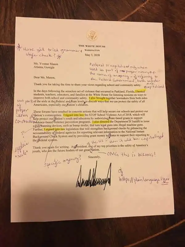 la lettera di donald trump  corretta dalla prfo di inglese 