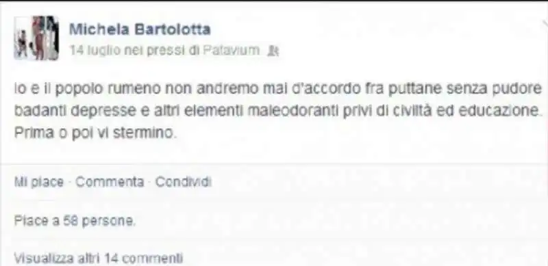 MICHELA BARTOLOTTA - POST RAZZISTA SU FACEBOOK