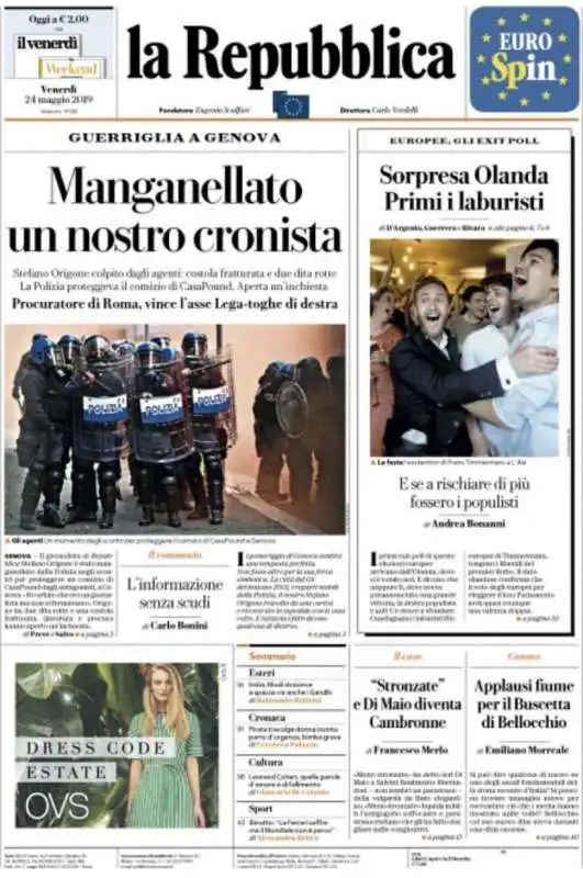 LA PRIMA PAGINA DI REPUBBLICA DOPO LE MANGANELLATE AL GIORNALISTA STEFANO ORIGONE A GENOVA