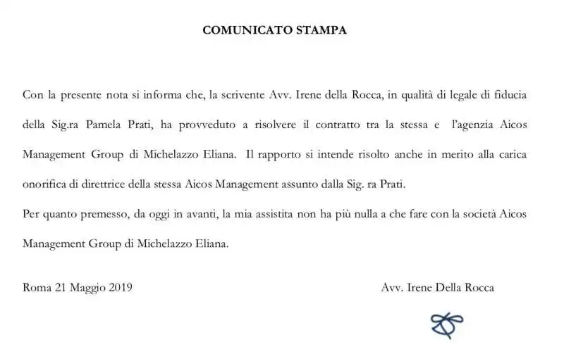 PAMELA PRATI LASCIA LA AICOS MANAGEMENT - IL COMUNICATO DELL'AVVOCATO IRENE DELLA ROCCA