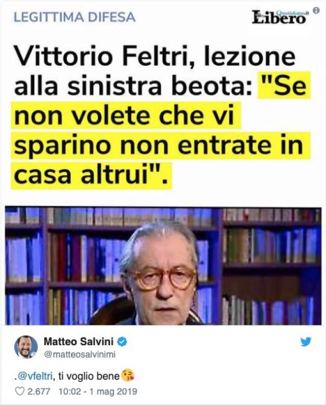 VITTORIO FELTRI SULLA LEGITTIMA DIFESA E IL COMMENTO DI SALVINI