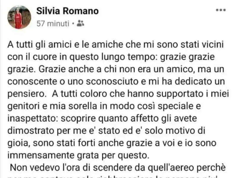 IL POST DI SILVIA ROMANO SU FACEBOOK