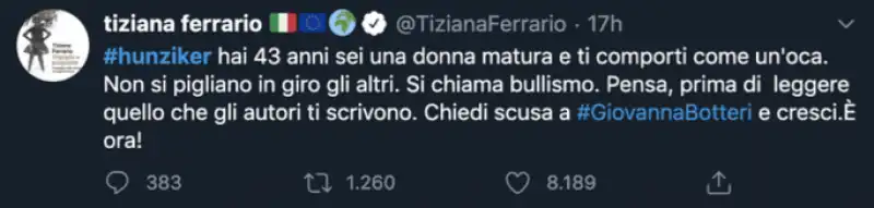 IL TWEET DI TIZIANA FERRARIO CONTRO MICHELLE HUNZIKER SUL CASO BOTTERI