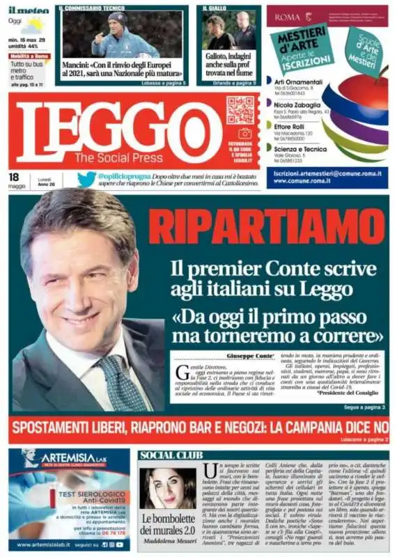 prima pagina di leggo con lettera di conte