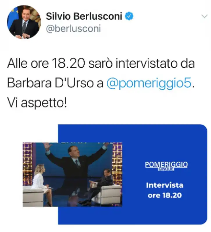 silvio berlusconi annuncia la diretta con la d'urso