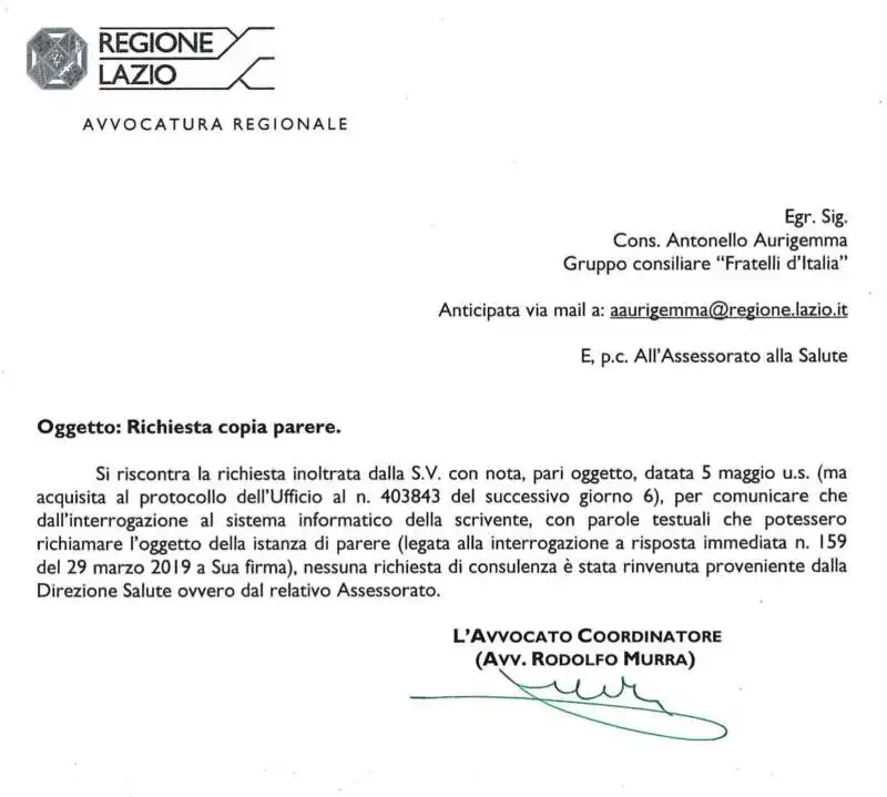 LA RISPOSTA DELL AVVOCATURA REGIONALE DELLA REGIONE LAZIO A ANTONELLO AURIGEMMA 