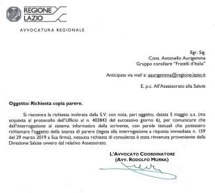 LA RISPOSTA DELL AVVOCATURA REGIONALE DELLA REGIONE LAZIO A ANTONELLO AURIGEMMA