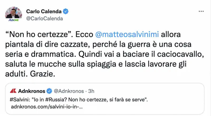 IL TWEET DI CARLO CALENDA CONTRO MATTEO SALVINI