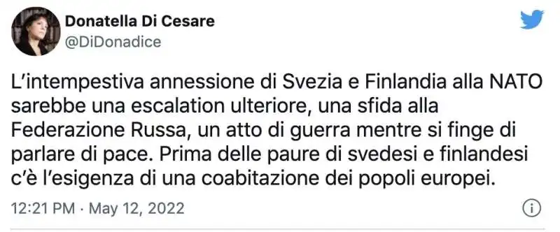 IL TWEET DI DONATELLA DI CESARE SULL'INGRESSO DI SVEZIA E FINLANDIA NELLA NATO 