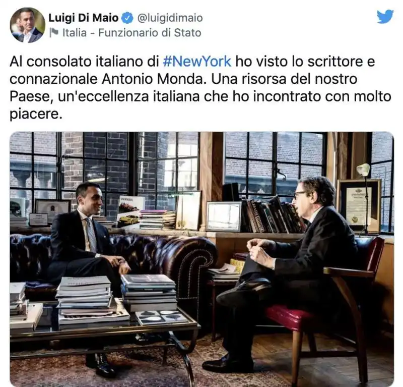 IL TWEET DI LUIGI DI MAIO SULL INCONTRO CON ANTONIO MONDA A NEW YORK 