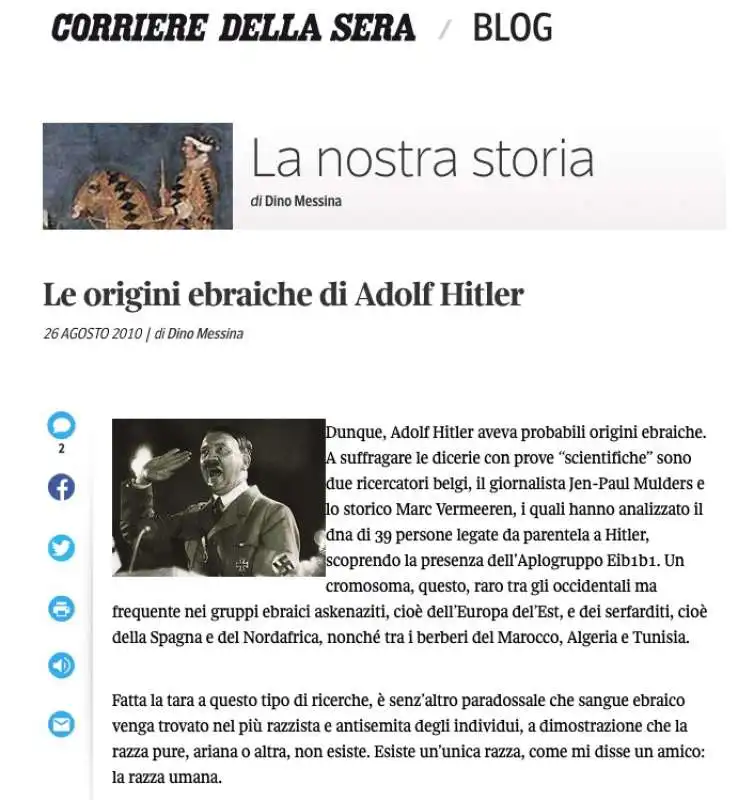 LE ORIGINI EBRAICHE DI ADOLF HITLER - ARTICOLO DEL CORRIERE DELLA SERA