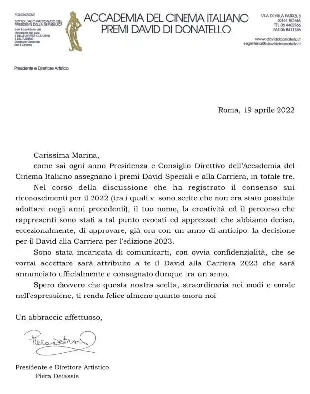 LETTERA DI PIERA DETASSIS A MARINA CICOGNA