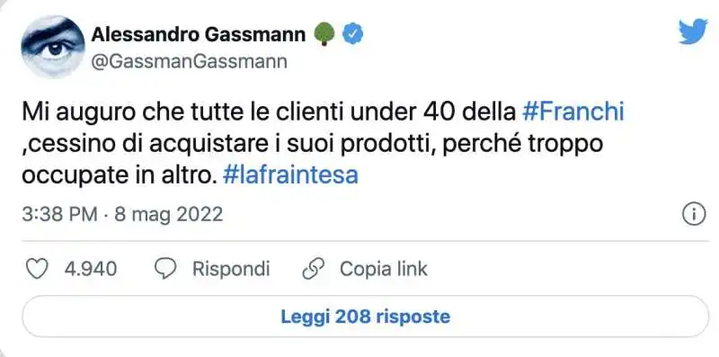 TWEET DI ALESSANDRO GASSMAN SUL CASO ELISABETTA FRANCHI 