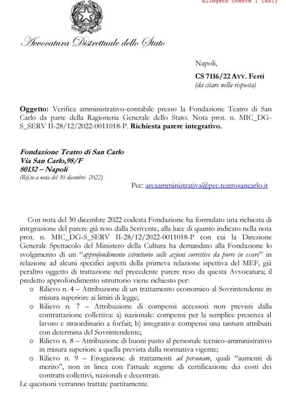 avvocatura dello stato risposta sulla verifica amministrativa al teatro san carlo di napoli