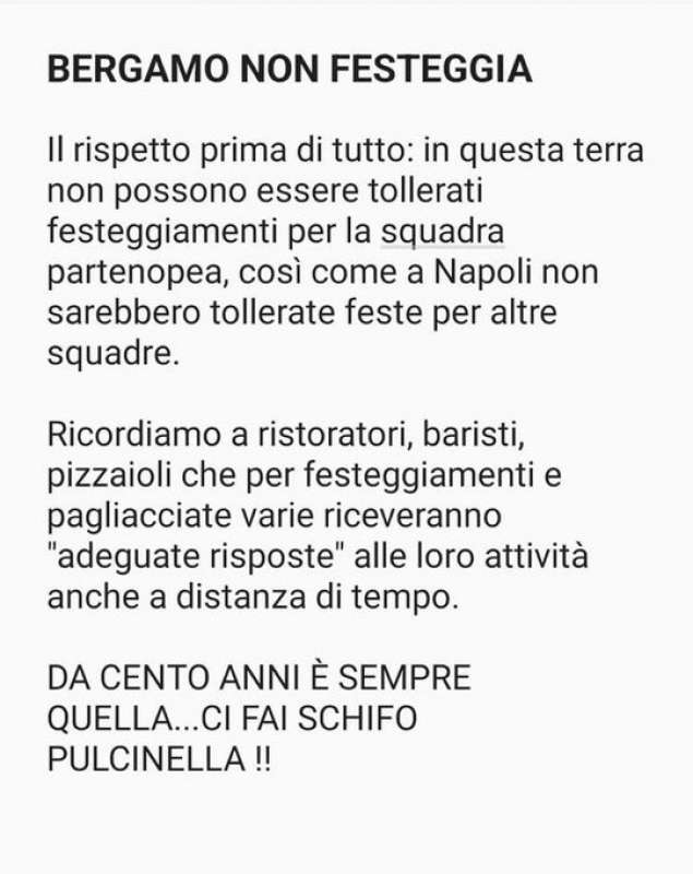 COMUNICATO A BERGAMO CONTRO I FESTEGGIAMENTI DELLO SCUDETTO DEL NAPOLI