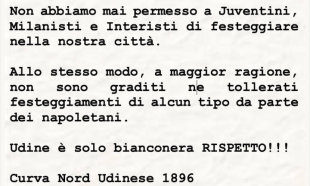 COMUNICATO CURVA NORD UDINESE CONTRO I FESTEGGIAMENTI DELLO SCUDETTO DEL NAPOLI