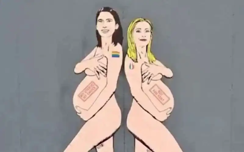 il murale di elly schlein e giorgia meloni nude e incinte a milano 3