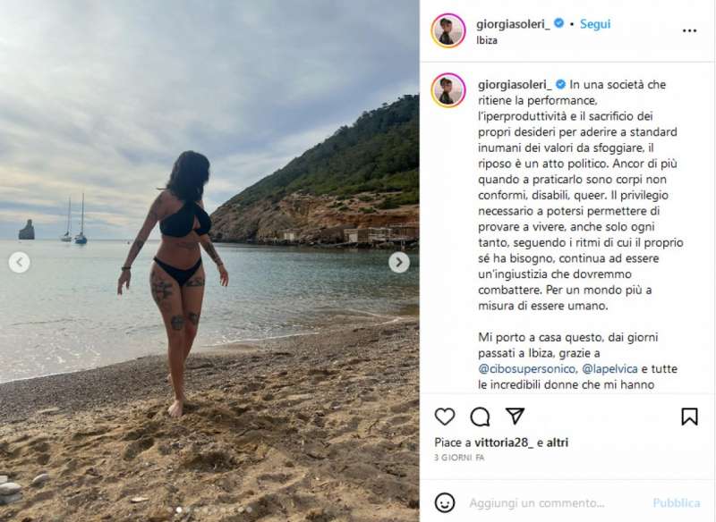 il post di giorgia soleri sulla sua vacanza a ibiza