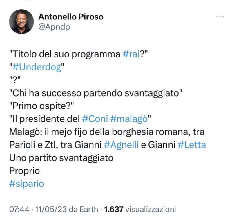 IL TWEET DI ANTONELLO PIROSO SU UNDERDOG LA TRASMISSIONE DI LAURA TECCE