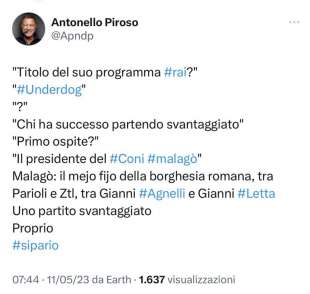 IL TWEET DI ANTONELLO PIROSO SU UNDERDOG LA TRASMISSIONE DI LAURA TECCE