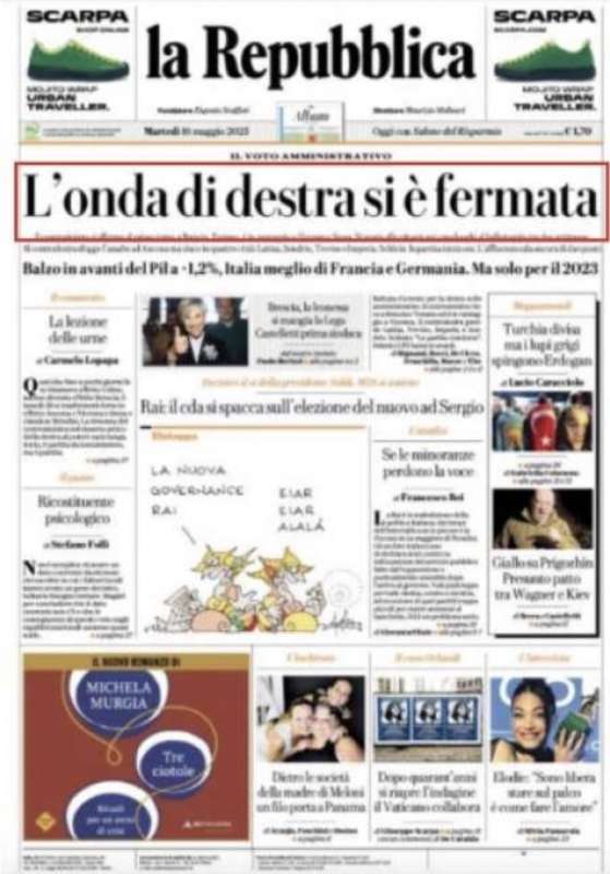 L ONDA DI DESTRA SI E' FERMATA - PRIMA PAGINA DI REPUBBLICA DEL 16 MAGGIO -