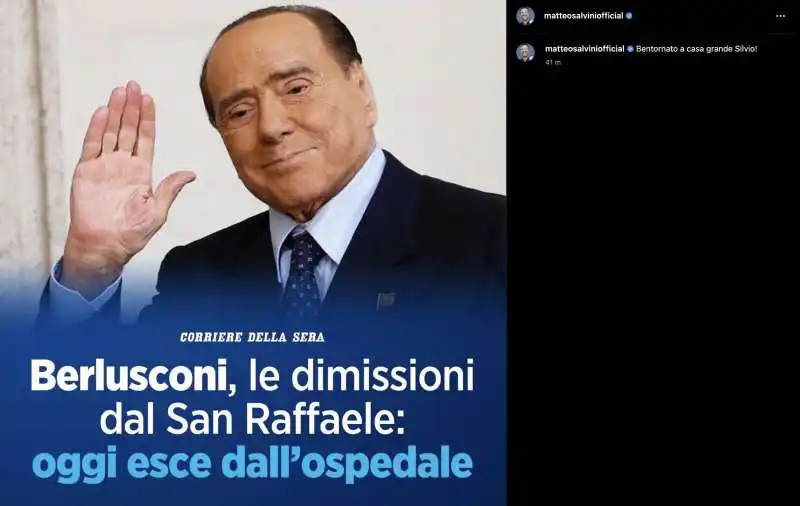 POST INSTAGRAM DI MATTEO SALVINI SULLE DIMISSIONI DI SILVIO BERLUSCONI DALL OSPEDALE SAN RAFFAELE 