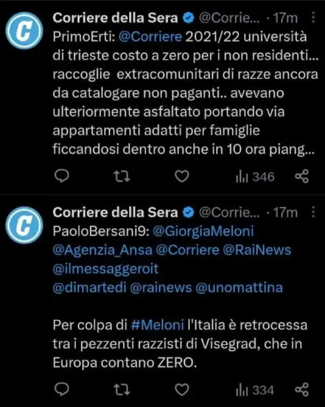 TWEET DI BOT PARTITI PER SBAGLIO DALL ACCOUNT UFFICIALE DEL CORRIERE 