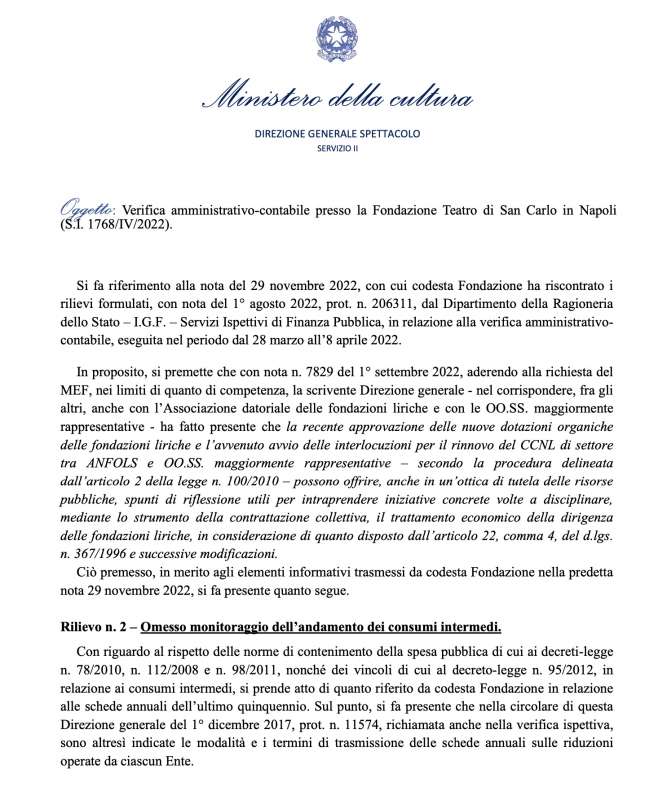 verifica amministrativa al san carlo di napoli documento direzione generale spettacolo