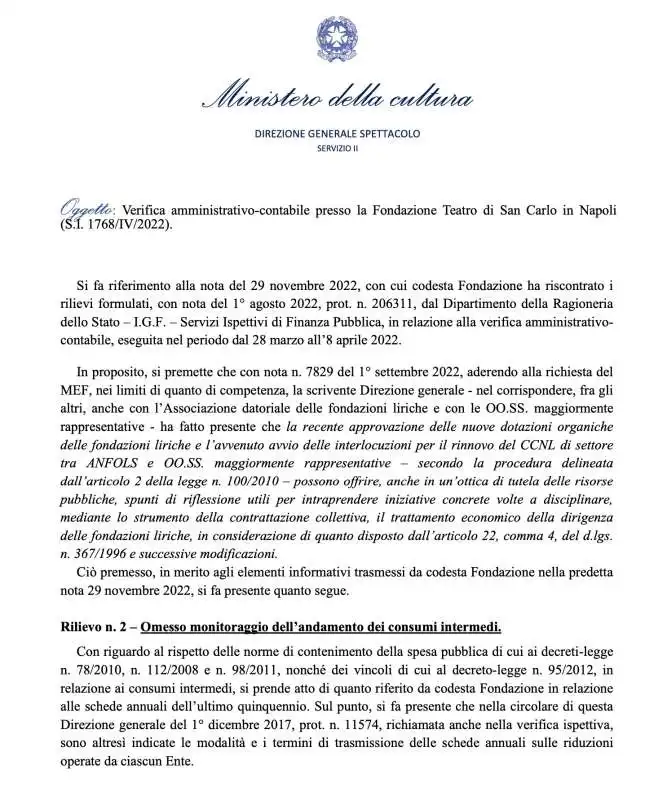 verifica amministrativa al san carlo di napoli   documento direzione generale spettacolo 