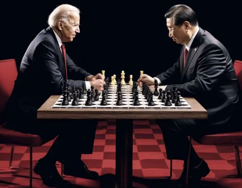 XI JINPING E JOE BIDEN GIOCANO A SCACCHI - IMMAGINE CREATA CON MIDJOURNEY  