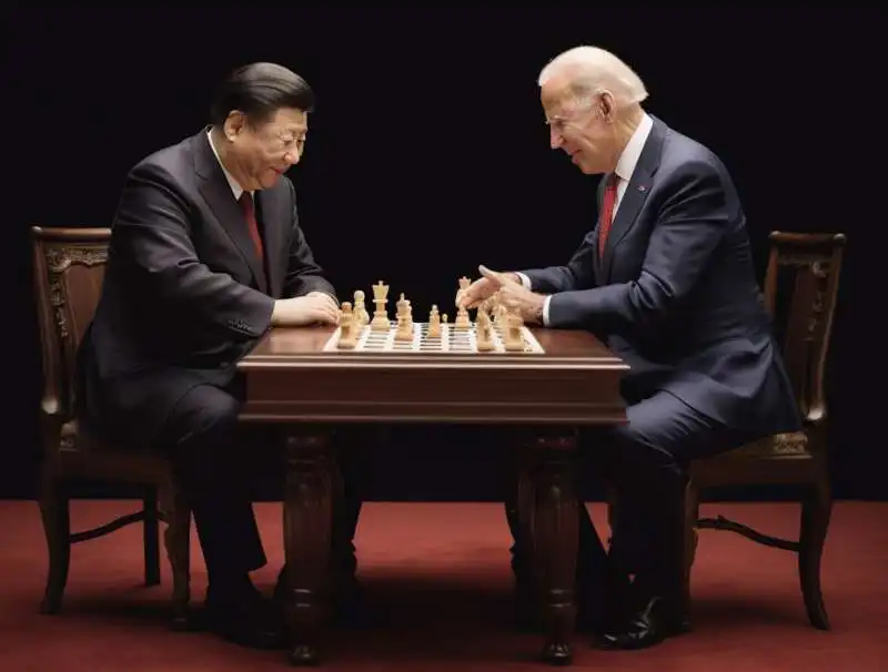 XI JINPING E JOE BIDEN GIOCANO A SCACCHI - IMMAGINE CREATA CON MIDJOURNEY 