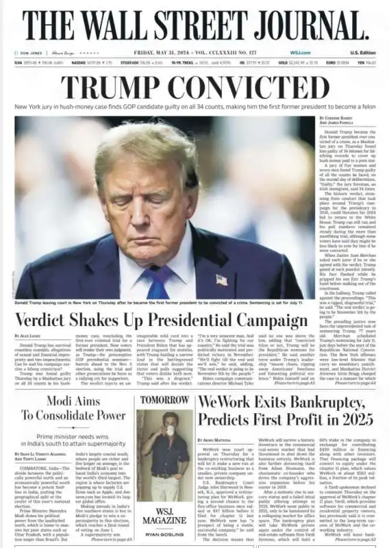 copertina del wall street journal sulla condanna di donald trump 