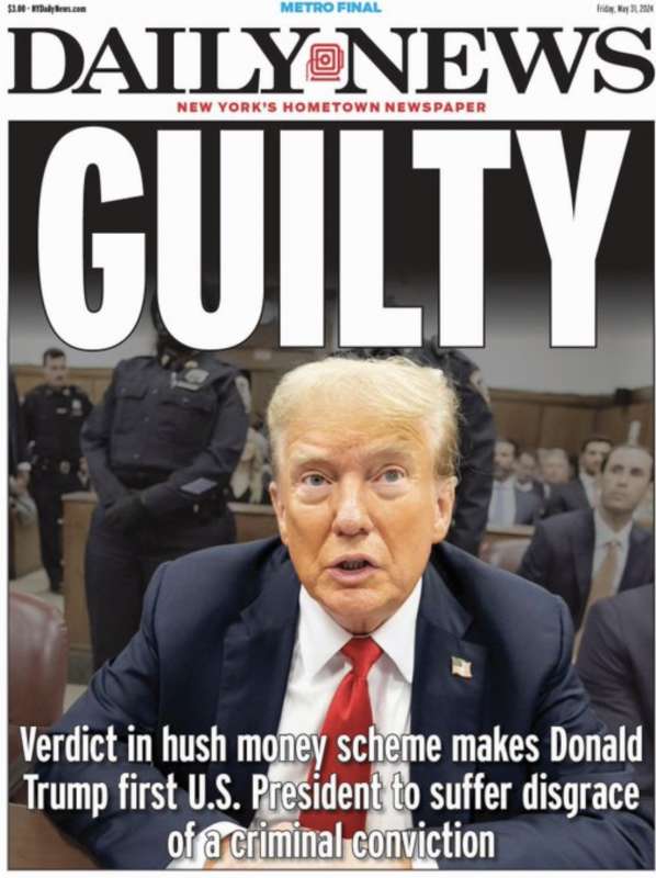 copertina di daily news sulla condanna di donald trump