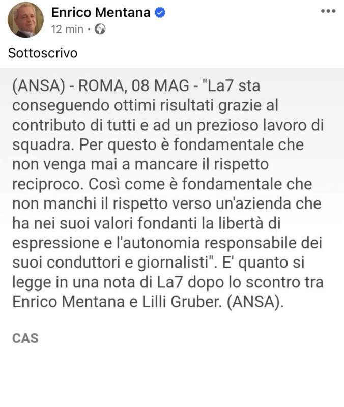 ENRICO MENTANA SOTTOSCRIVE IL COMUNICATO DI LA7