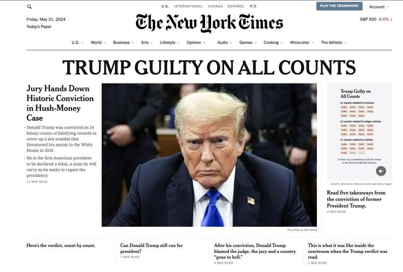 homepage del new york times sulla condanna di donald trump