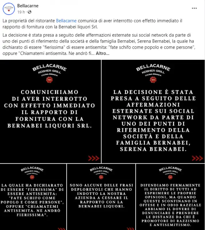 il ristorante bellacarne interrompe la collaborazione con bernabei dopo i post antisemiti di serena bernabei 