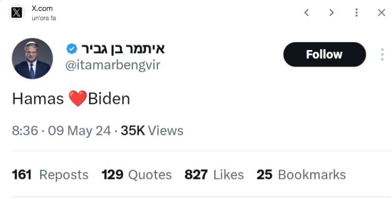 post di Ben Gvir -hamas ama biden