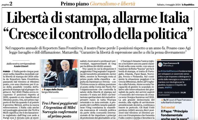 REPUBBLICA - IL RAPPORTO DI REPORTER SENZA FRONTIERE SULLA LIBERTA DI STAMPA