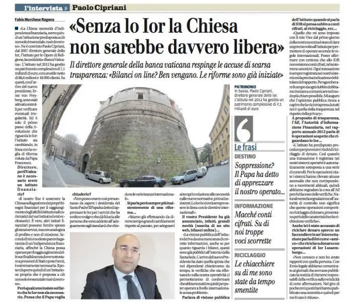 IL GIORNALE PUBBLICA L'INTERVISTA A PAOLO CIPRIANI - DIRETTORE GENERALE DELLO IOR - CON LA FOTO DI PAOLO CIPRIANI - DG DI ACLI TERRE