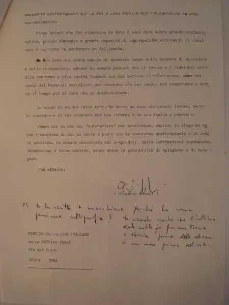 LETTERA DI MINOLI A BETTINO CRAXI 